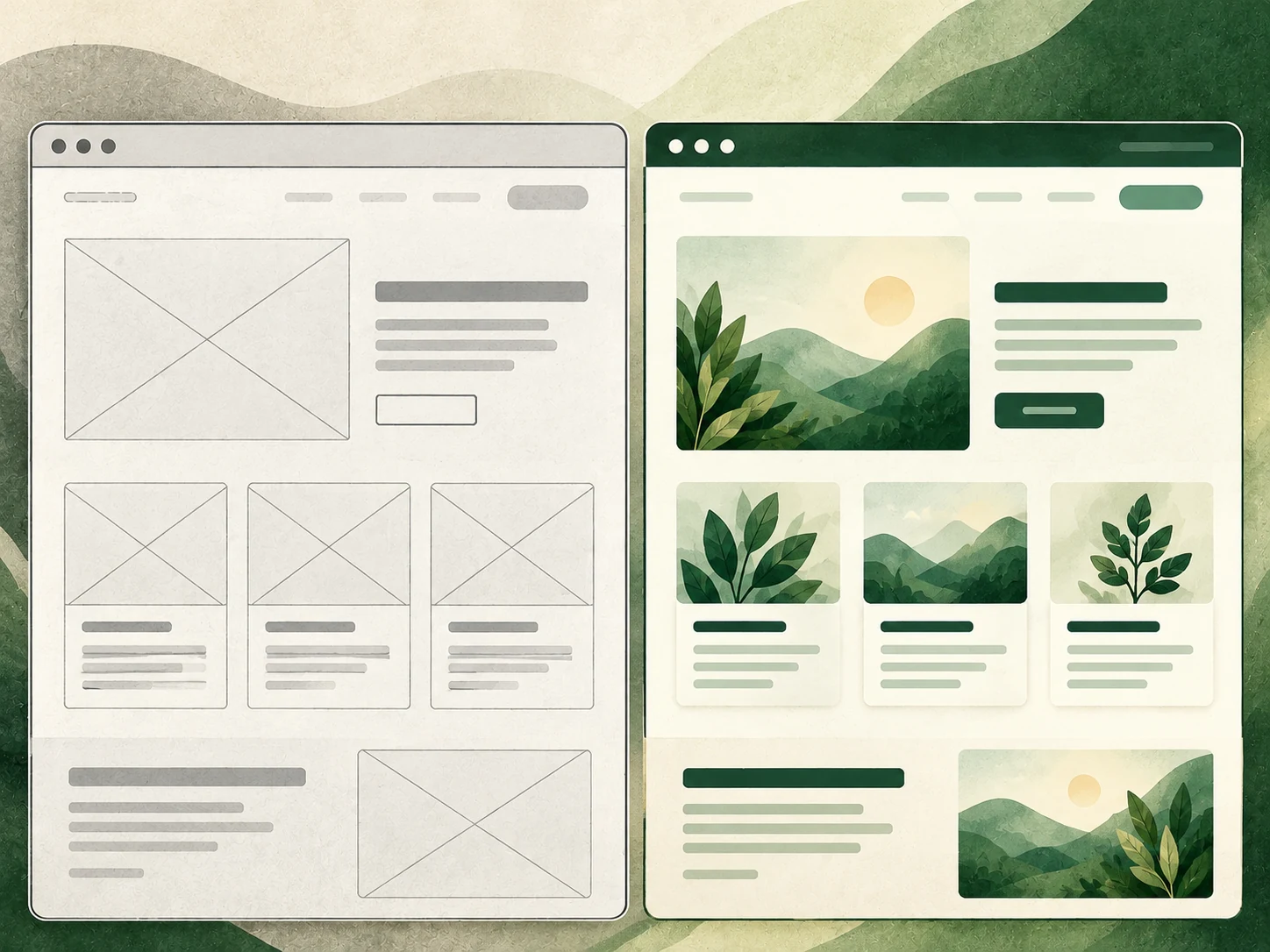 Confronto tra un wireframe in bassa fedeltà e il design finale della stessa pagina web